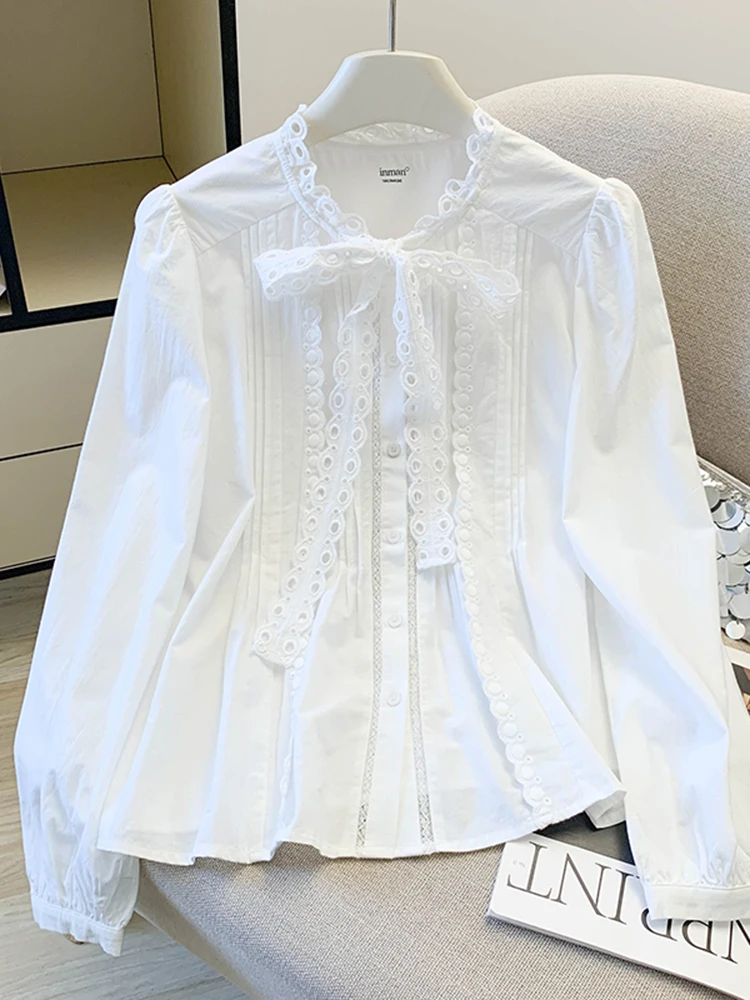 

Белая женская блузка с длинным рукавом и узлом, весенняя мода 2026, новинка, антивозрастной эффект, маленький топ из полиэфирного волокна