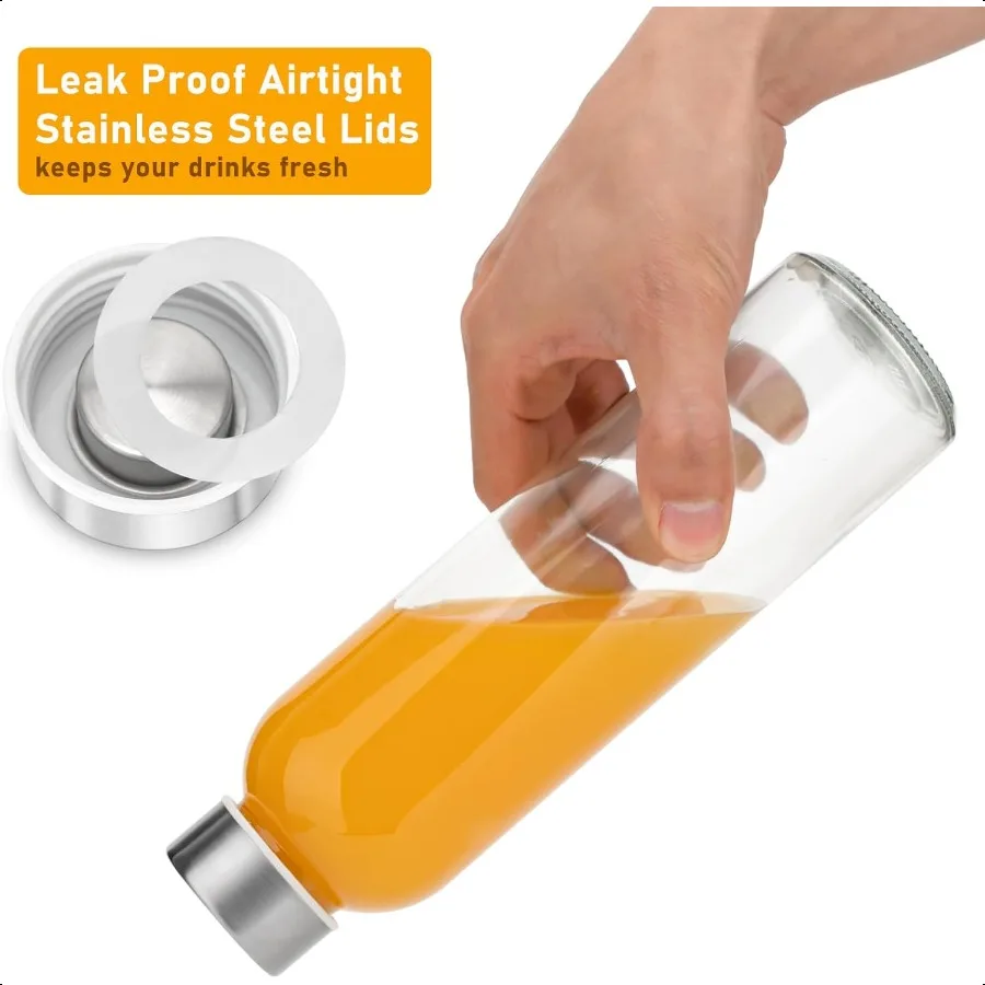 18oz Glass Water Bottle Set of 6 Clear glass juice bottle for juicingReusable Drinking Bottles with Stainl Steel LidBeverage St