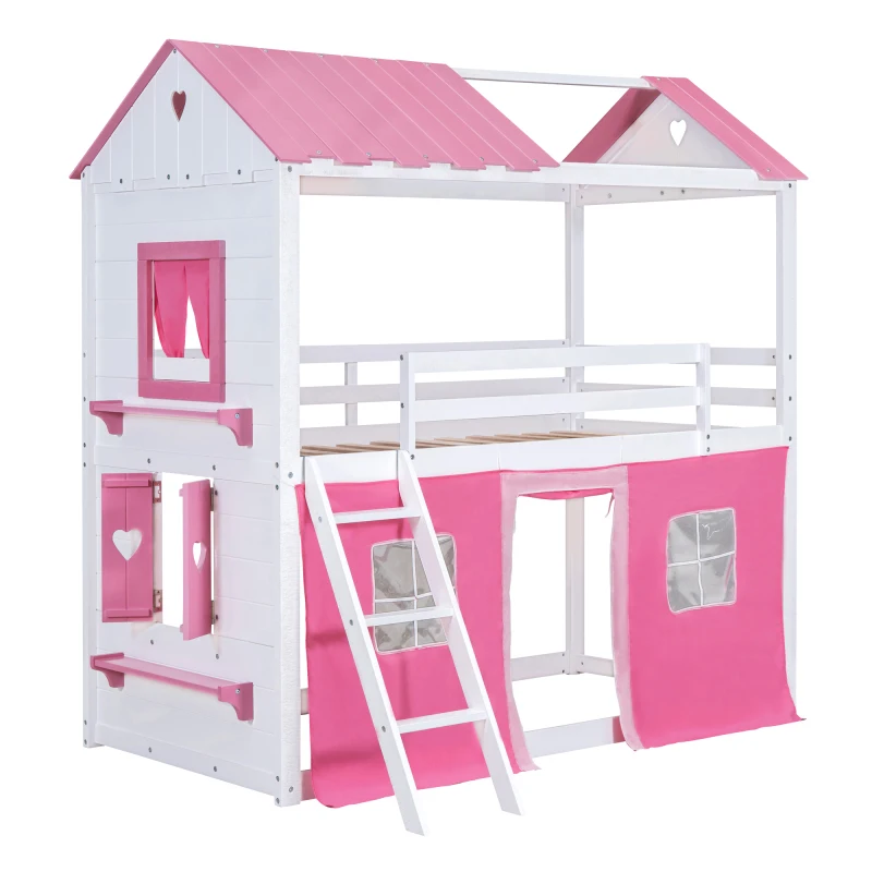 Twin Size Stapelhouten Huisbed Met Elegante Ramen, Dorpels En Tent, Roze Wit