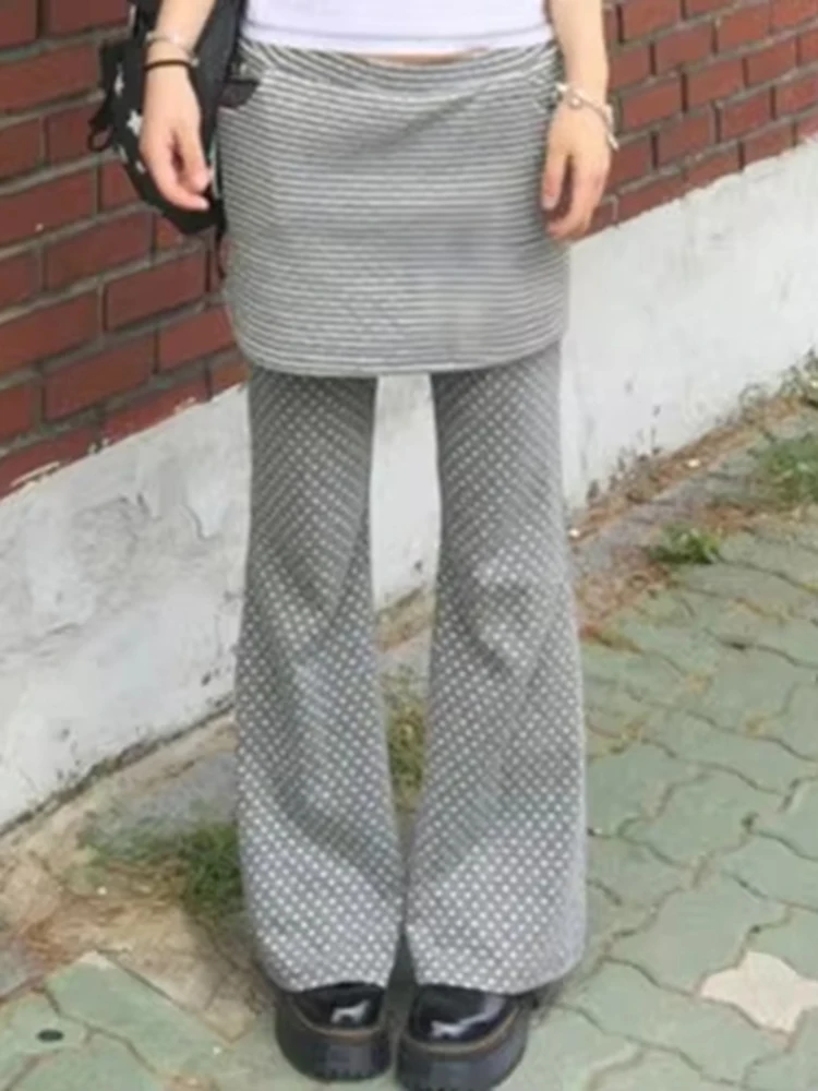 

Y2K Aesthetic Grunge Fake Two Pieces Womans Pantalones Patchwork Polka Dot Flare Pants Harajuku Vintage High Waist Trousers