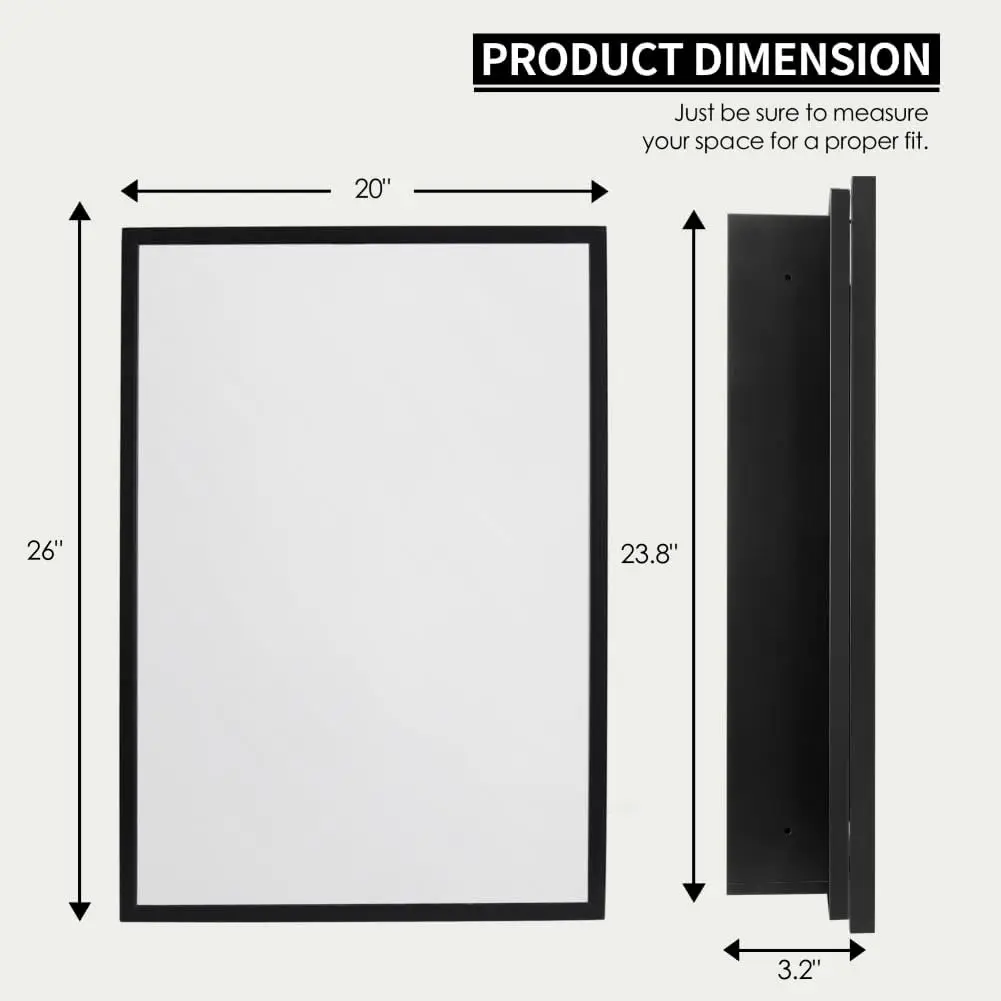 Movo-armario de medicina empotrado para baño, montaje en superficie con marco de Metal negro, espejo de medicina rectangular, 20 "W x 26" H