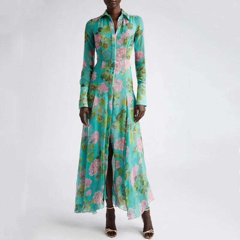 

New women's spring and summer dresses with lapel long sleeved printed long skirt single breasted romantic slim fit skirt