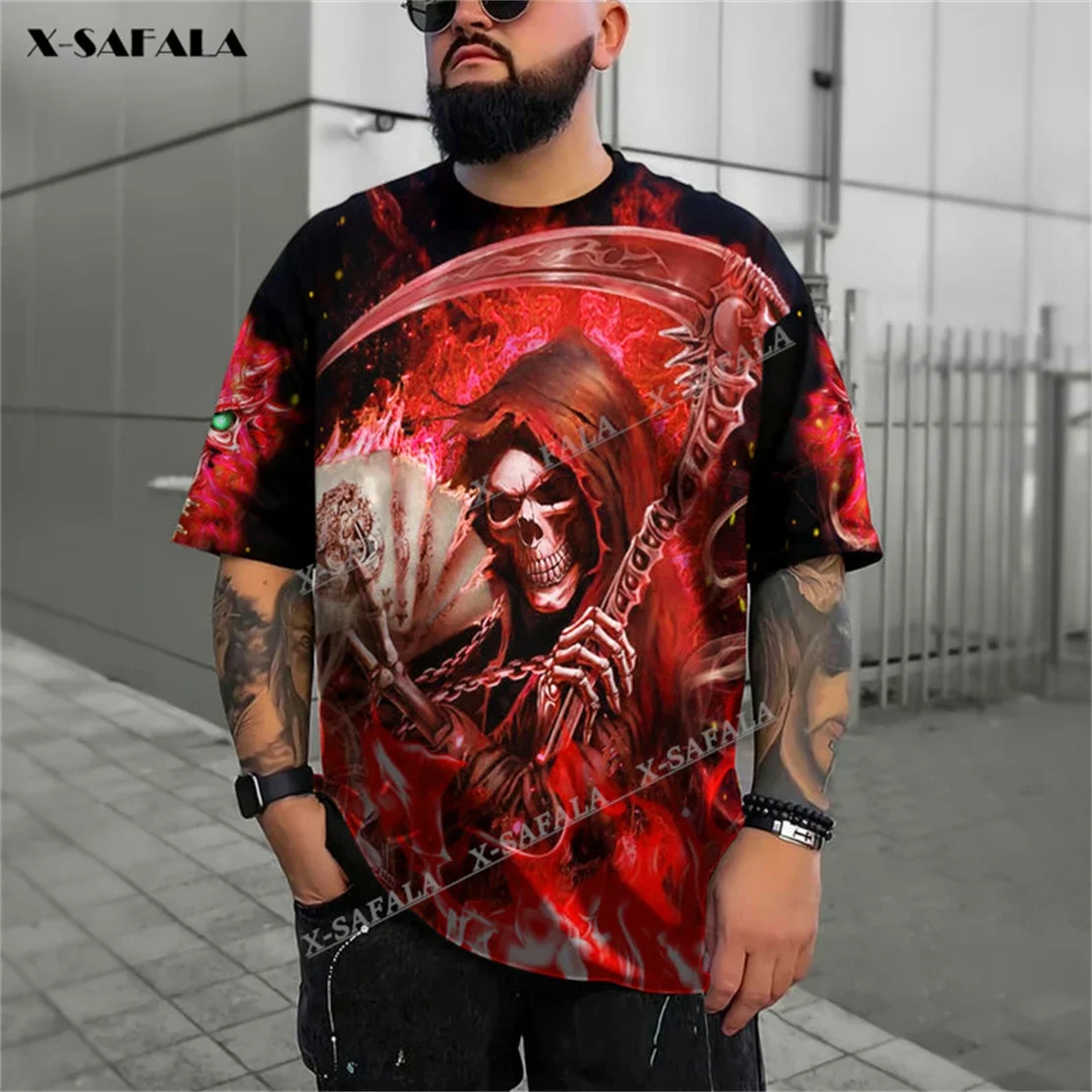 Grim Reaper Red Fire Skull 3D Printed T-Shirts Tops Tees Short Sleeve Casual Milk Fibe Better Cotton O Collared Summer Fashion