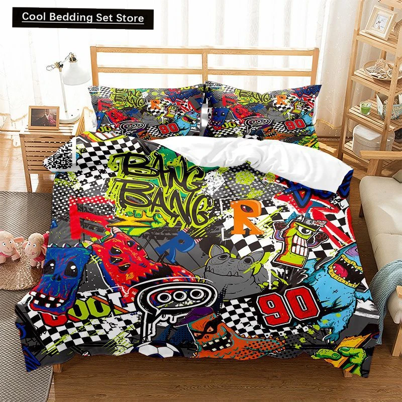 

Hippie Graffiti Duvet Cover Set King Queen Size for Kids Boys Youth Polyester Comforter Cover Modern Street Art Bedspread Cover