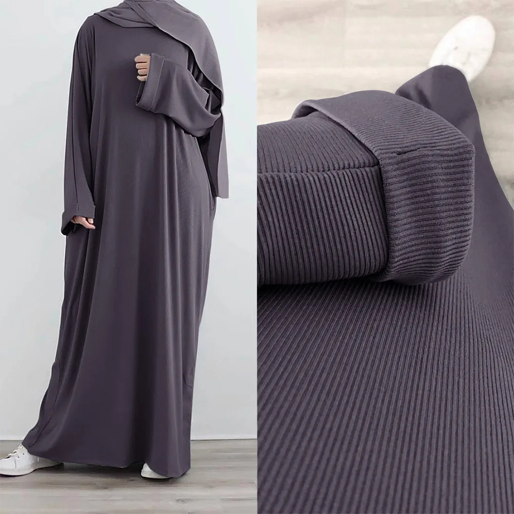 Saudi Arab Turkish Autumn Winter Knitted Dress For Women Jalabiyat Solid Comfortable Belted Casual Muslim Ramadan Robe