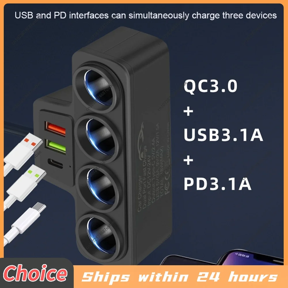Car Cigarette Lighter Adapter QC3.0+PD 3.1A 12V-24V Fast Charger Plug 4-Socket 18W Phone Power Adapter USB Phone Charger Adapter