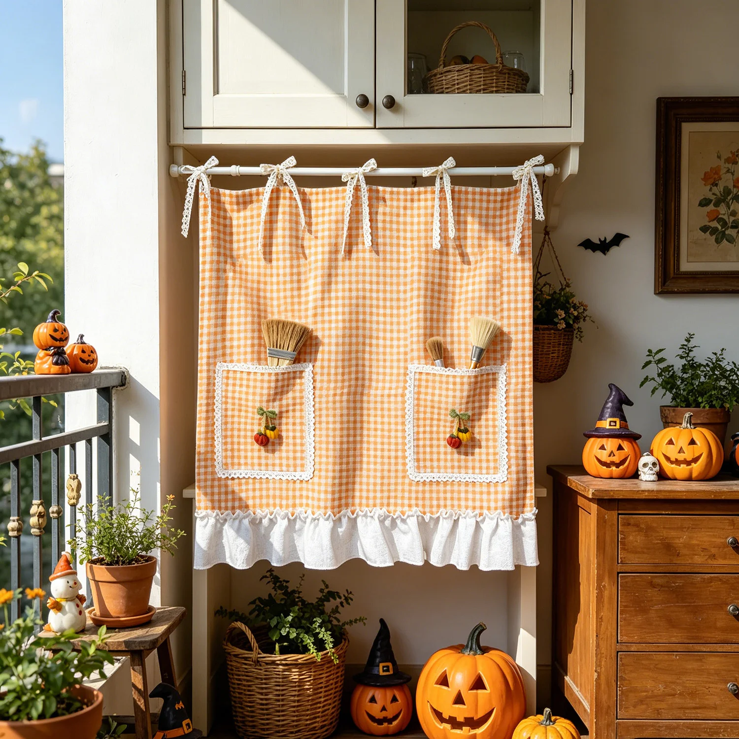 Orange Plaid Tie Top Oven Curtain with Pockets, Extra Narrow Curtain for Kitchen Dishwasher Skirt Curtain, Halloween Decor