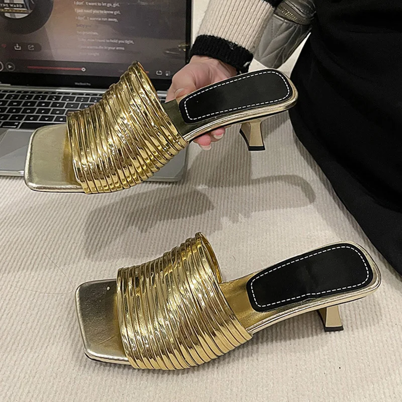 

Sexy Lady Women Stripe Noodles Shaped Design Square Open Toe Stiletto Low Heels Slippers Shoes Woman Feast Casual Slippers Shoes