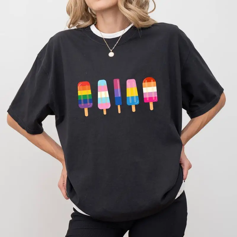 

Women's LGBTQ+ Pride Popsicle T-Shirt | Rainbow Flag Ice Pop Graphic Tee | Transgender Bisexual Ally Gift Top