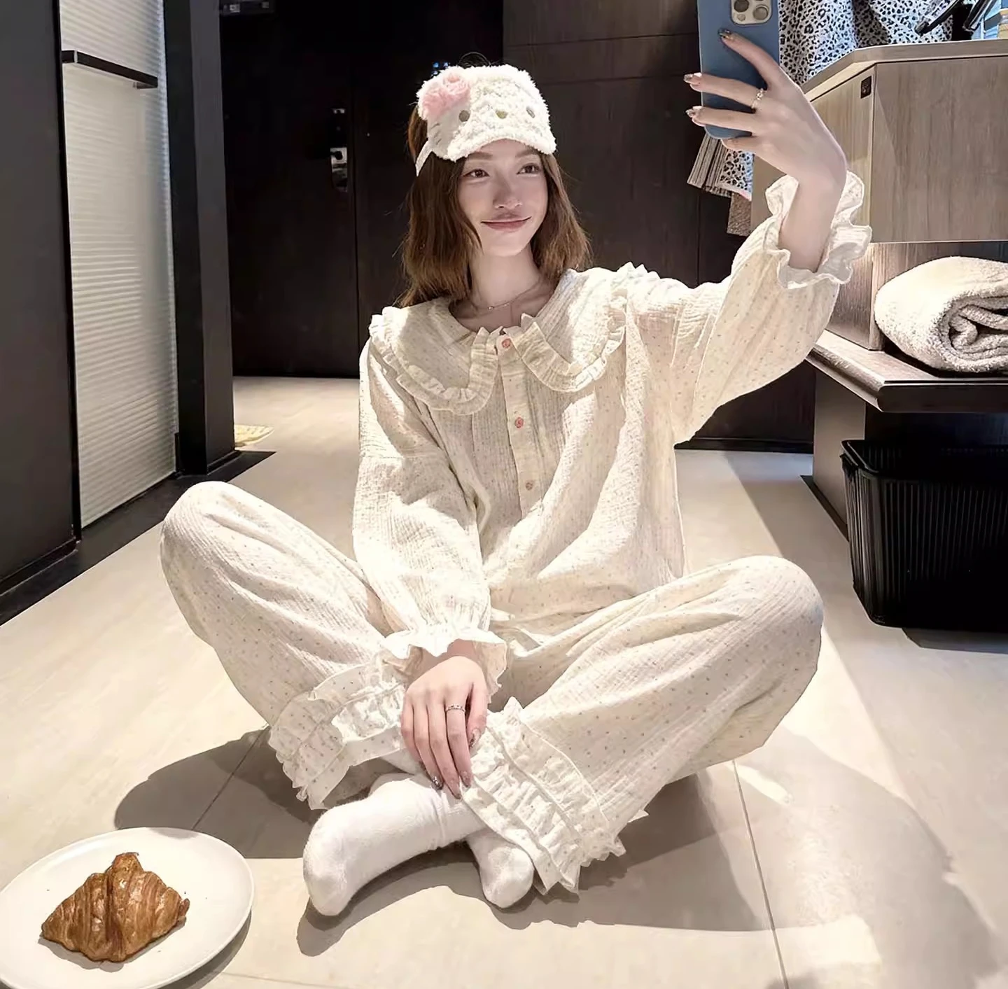 Women's 100% Pure Cotton Gauze Pajama Sweet Peter Pan Collar Long Sleeve Pants Set Loose Fit Soft Breathable Home Loungewear