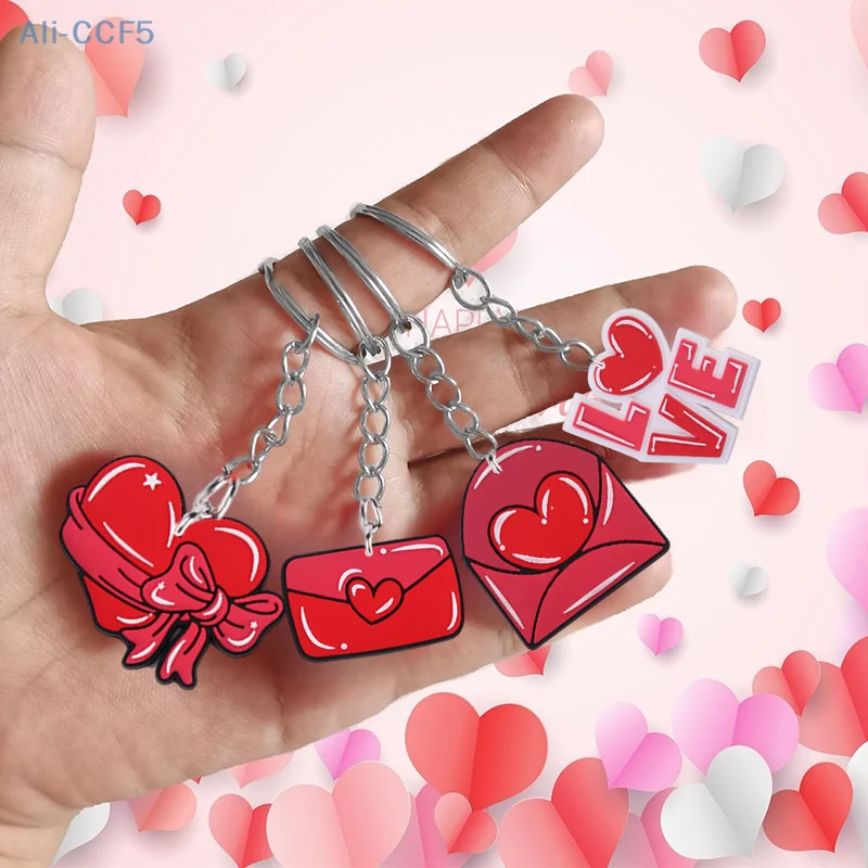 Creative Valentines Day Heart Keychains Bulk Red Heart Shaped Ornaments With Keyrings Bag Charms 1/9Pcs