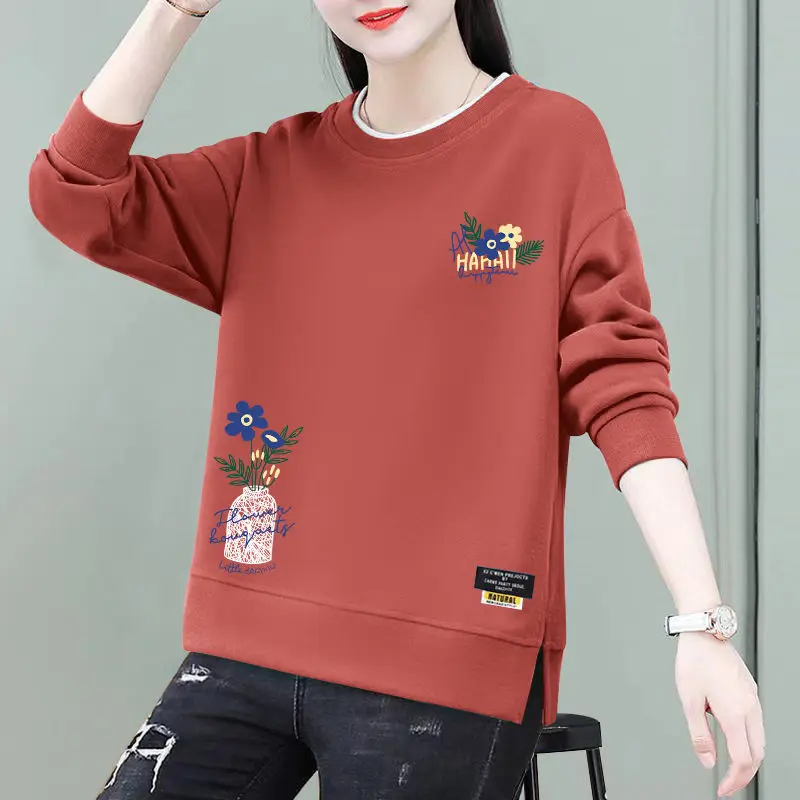 Pullovers Long Sleeve O-neck Printing Casual Women\'s Clothing Autumn Winter Thin Interior Lapping Undercoat Simplicity T-Shirts