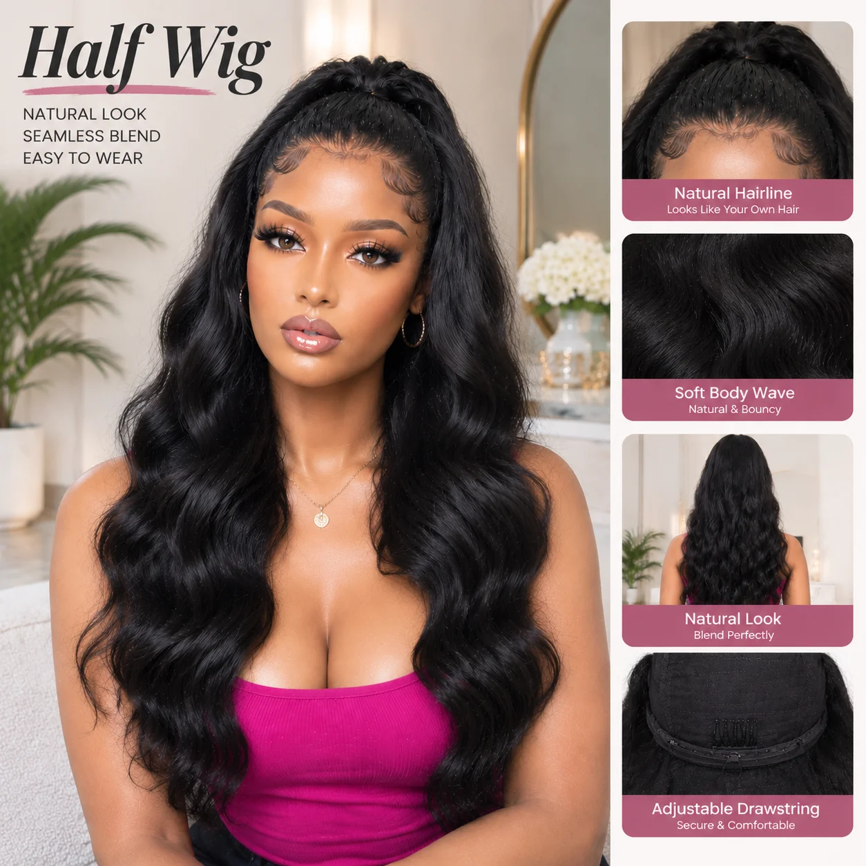 24 Inch Body Wave Half Wig Human Hair Natural Black Glueless Drawstring No Lace Wear And Go Voluminous Full Hair Wig For Women