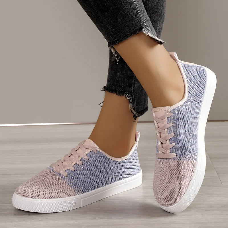 Sapatos femininos vulcanizados com renda, combinando cores, salto plano casual, tênis de malha, moda, novo, 2023