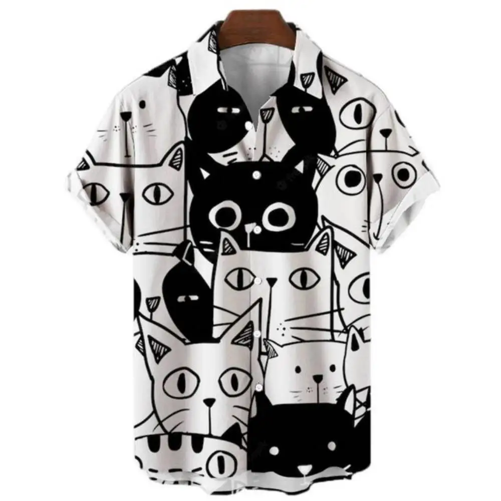 2023 3d Lapel Hawaiian Shirt Man Casual Short Sleeve Anime Shirts Cartoon Men's Summer Men Clothes Street Retro Animal Cat