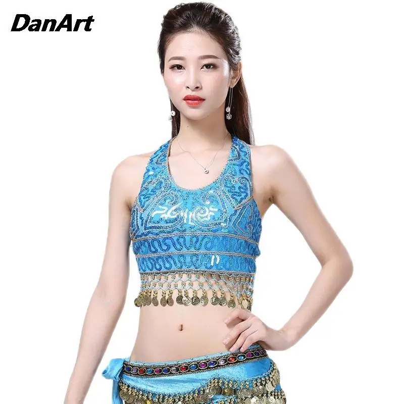 Sequin Performance Dress Wrap Chest Sparkly Belly Dance Bra Women Shiny Hang Coin Stage Tassel Top Ladies Dancer Wear