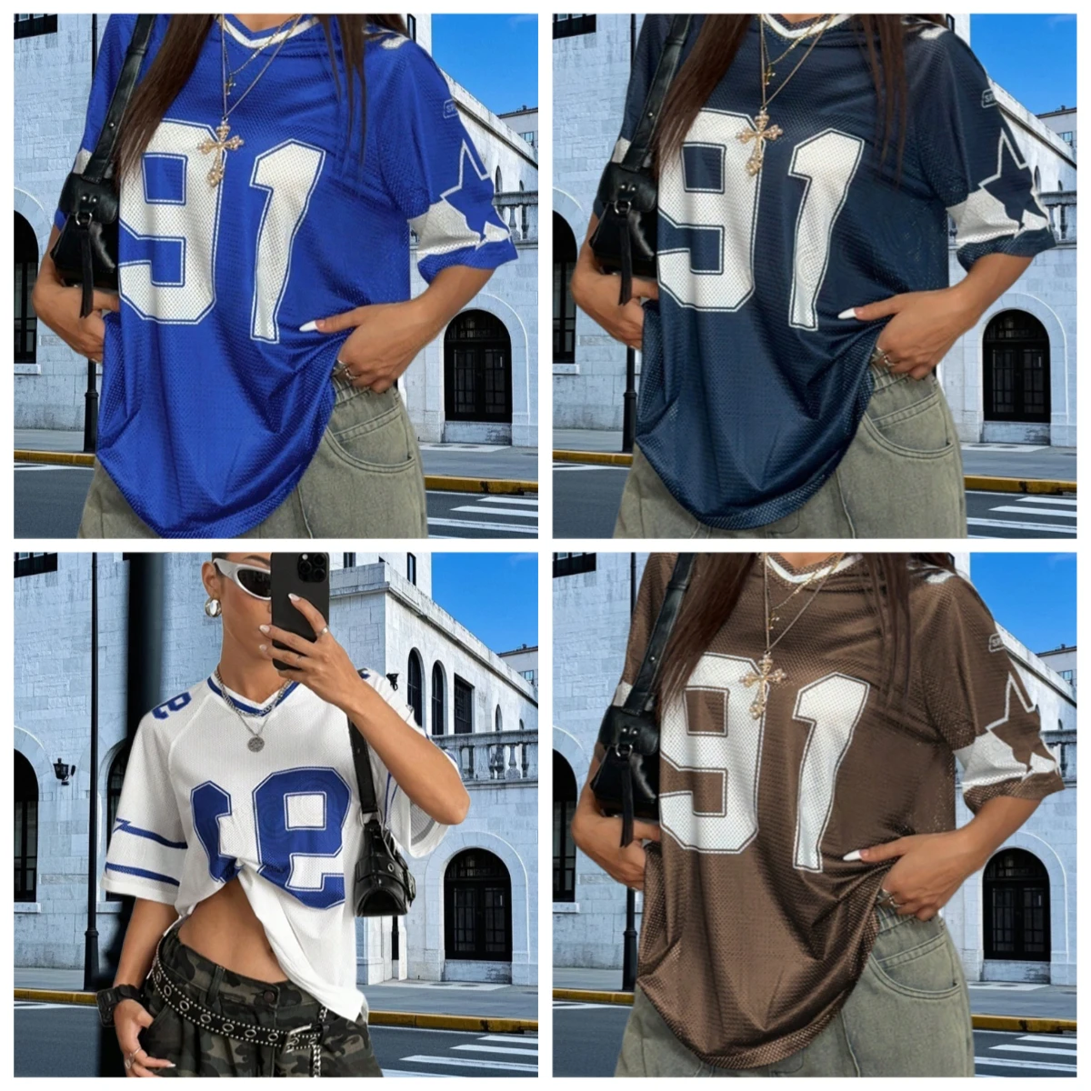 

Summer Fashion Nunber 91 Print TShirt for Women V-Neck Mesh Hole Short Sleeve Sports Football Jersey Y2K Loose Women Clothing
