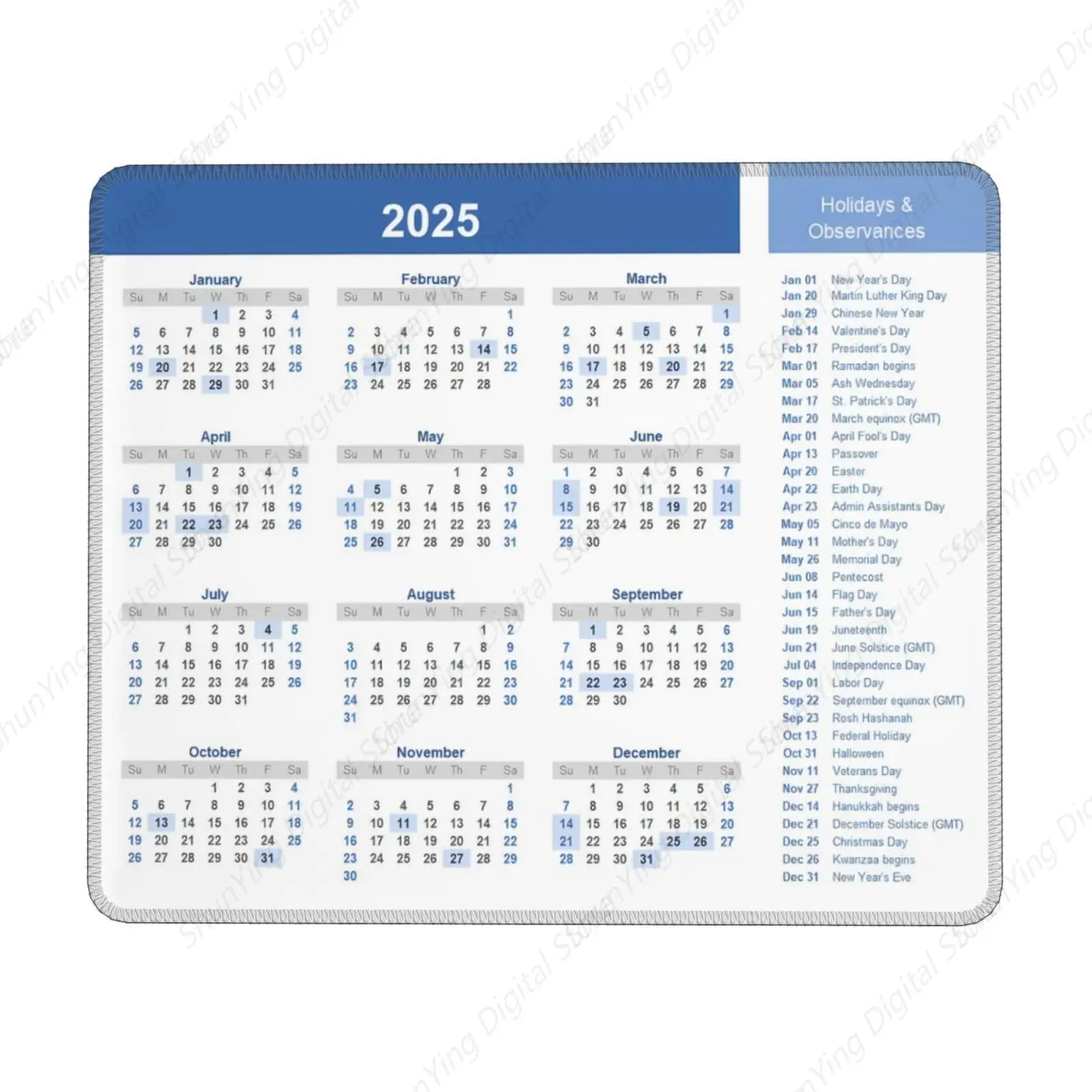 

Mouse Pad 2025 With Holiday Calendar Equipped With Anti Slip Rubber Laptop Office Desk Accessories Mouse Pad 25*30cm