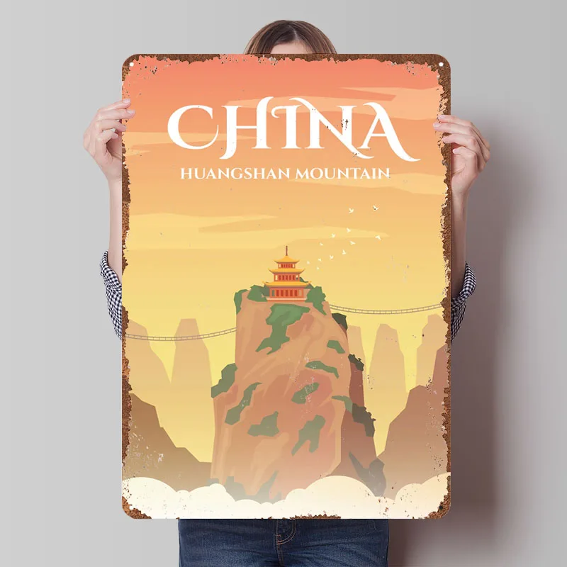 Хуаншань горный постер ретро путешествия жесть знак украшения для комнаты индивидуальные металлические вывески для дома комната настенное искусство человек пещера Декор Хуаншань горный постер ретро путешествия жесть знак украшения для комнаты индивидуальные металлические вывески для дома комната настенное искусство человек пещера Декор