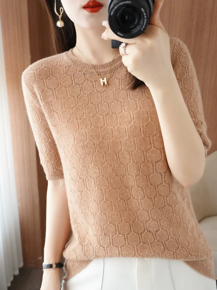 100% Merino Wool Women\' Sweater Spring Summer O-Neck Cellular Solid Color Hollow Out Pullover Short Sleeved Higt-Quality Tops