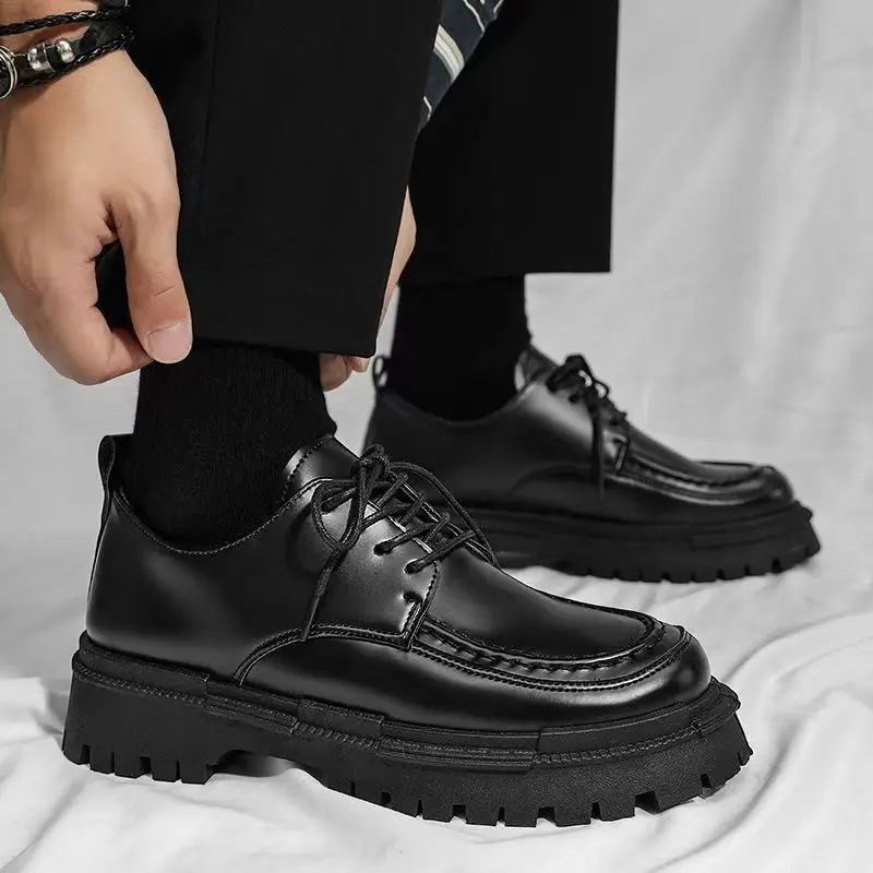 

Man Spring Autumn Leather Thick Sole Work Shoe Round Toe Non Slip Waterproof Lace Up British Style Business Casual Leather Shoes