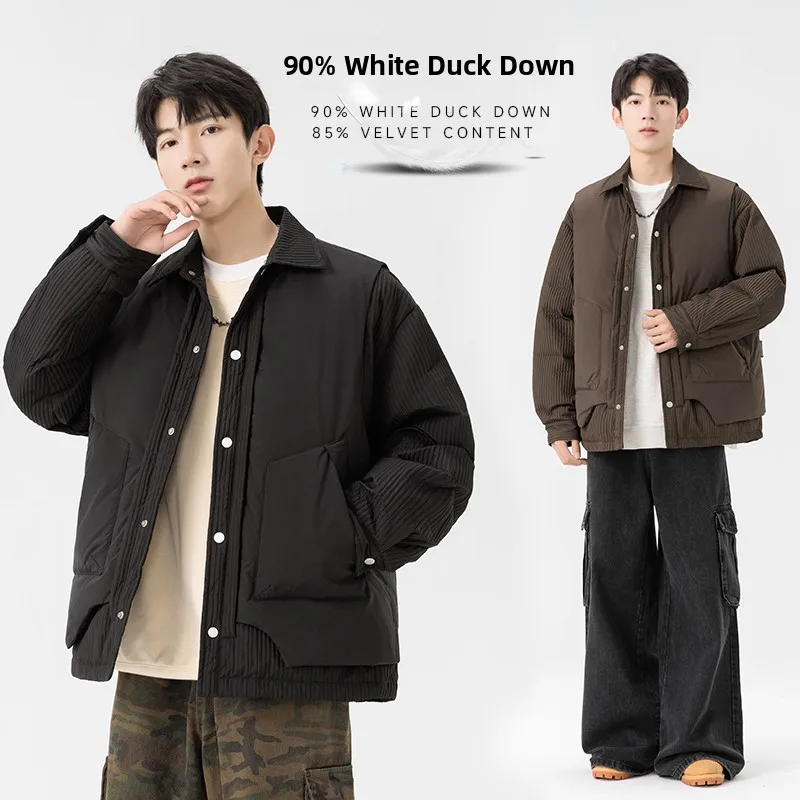 

Зимняя мужская пуховая куртка: теплая, модная, с воротником-стойкой, в корейском стиле, для активного отдыха, из полиэфирного волокна, премиум-класса