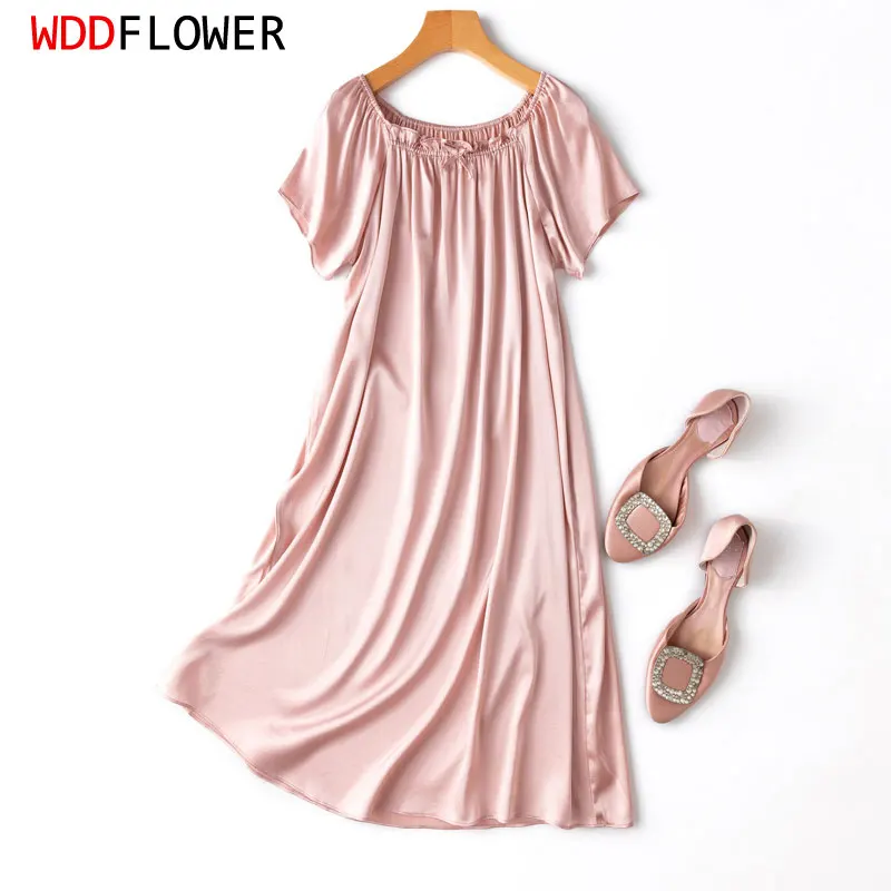 Women Silk Night Dress 93% Mulberry Silk 7% Spandex 19 Momme Nightgown Home Dresses Sweet Solid Color Pink Sleepwear MM654