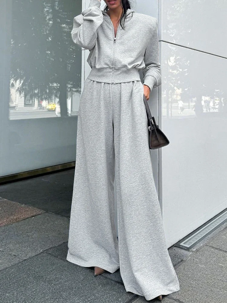 

Белые однотонные пальто с длинным рукавом и капюшоном, женские комплекты, весенние спортивные широкие женские брюки, костюм, повседневный вязаный женский комплект пальто и брюк