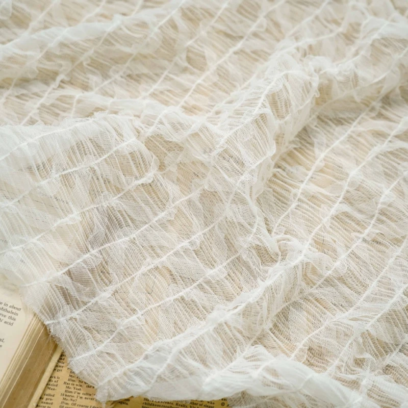 Beige Embroidered Ruffled Stretch Chiffon Fabric for Dress, Blouse, Evening Dress, Wedding Gown, Skirts, Costumes, Doll