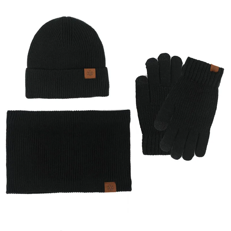 

European Winter 3-Piece Set Fleece Lined Touchscreen Knit Hat Scarf Gloves Outdoor Cold Proof Thickened Accessories
