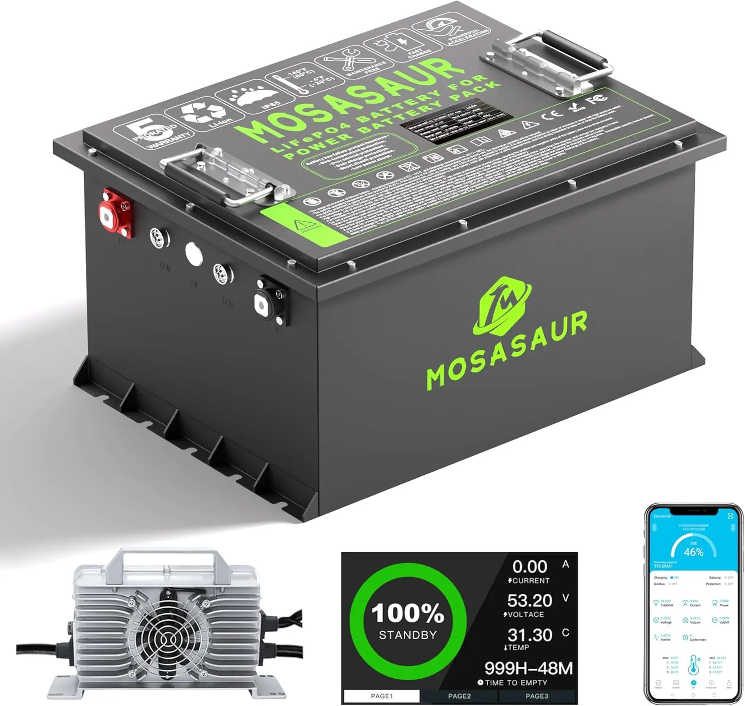 

36V 105Ah Golf Cart Lithium Battery, Built-in Smart 200A BMS with Touch Monitor and 20-Amp Charger, APP Supported