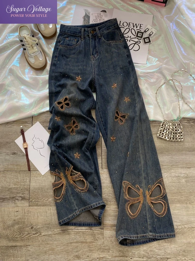 

Женские джинсы со стразами-бабочками Y2K, летние широкие брюки с высокой талией, прямые брюки, свободные джинсовые брюки с вырезами