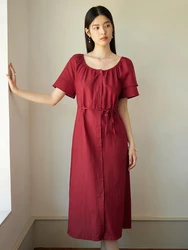 DUSHU Women Retro Cotton Linen Dress Summer Long Dresses Simple Big Round Neck Raglan Sleeve Red Single Breasted Dress 24DS82848