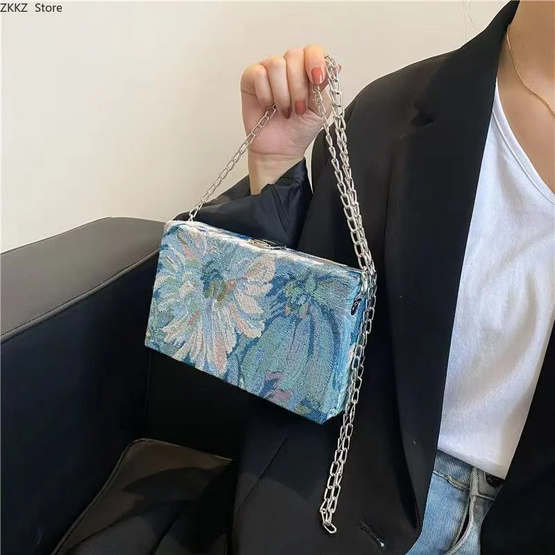 Chinese Style Oil Painting Small Square Bag Women's Embroidery Box Bag Chain Crossbody Bag Mobile Phone Shoulder Bag