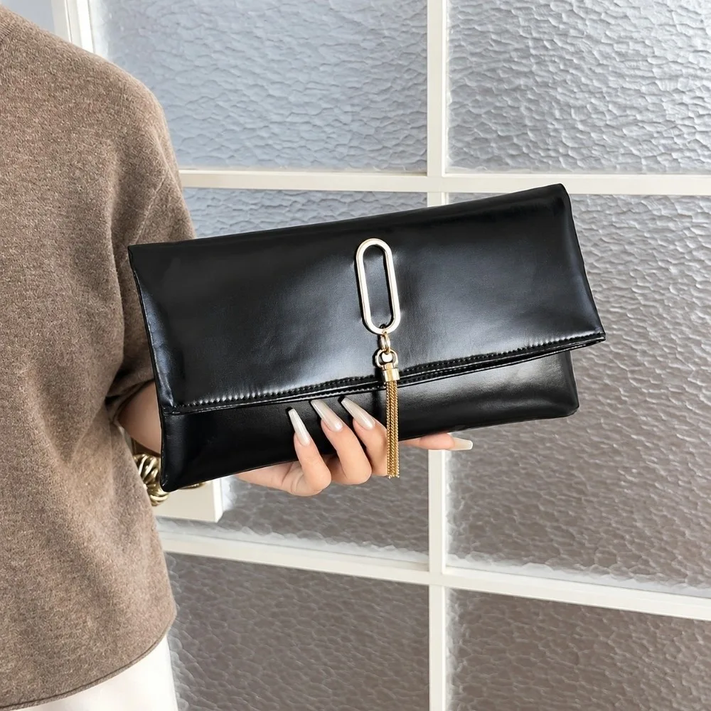 Metallic Faux Leather Women Clutch Bag Fold‑over Style Tassel Decoration Evening Handbag Multi Color Option Rectangular Shape