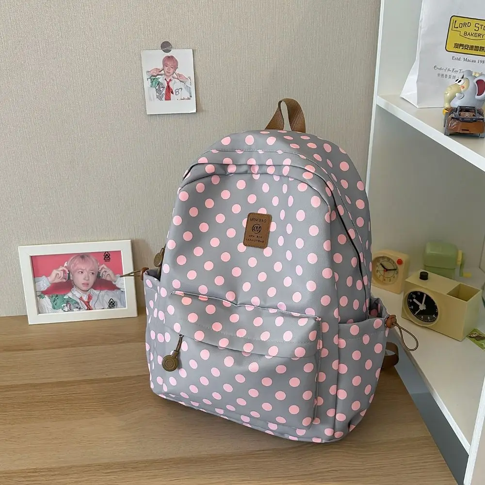 Y2k Süßer Polka-Dot-Rucksack, mehrfarbig, mit mehreren Taschen, Spitzenbesatz, strapazierfähiger minimalistischer Schulrucksack für Studenten und College. – Detail 7