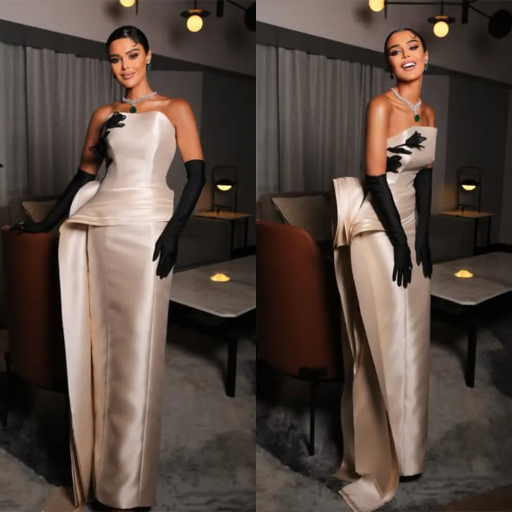 

High Quality Customized Strapless Floor Length Color Contrast Sleeveless Gloves Evening Party Wrinkle فساتين للمناسبات الخاصة