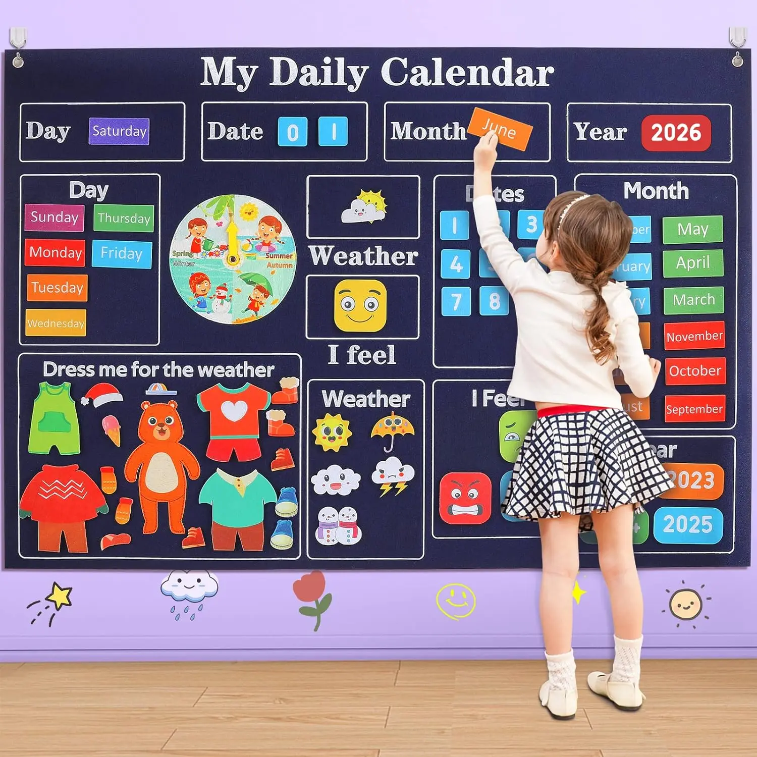 My First Daily Calendar Montessori Felt Story Board Set Loop Time Learning Center, A Weekly Chart For Children's Learning