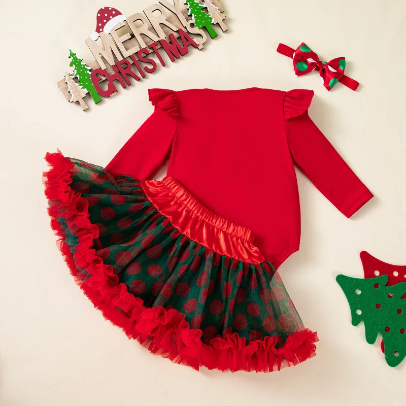 طقم ملابس عيد الميلاد مكون من 3 قطع للفتيات الرضع باللونين الأحمر والأخضر مع لمسات من الدانتيل الرقيق وتصميم بين الرجلين للفتيات الصغيرات #2