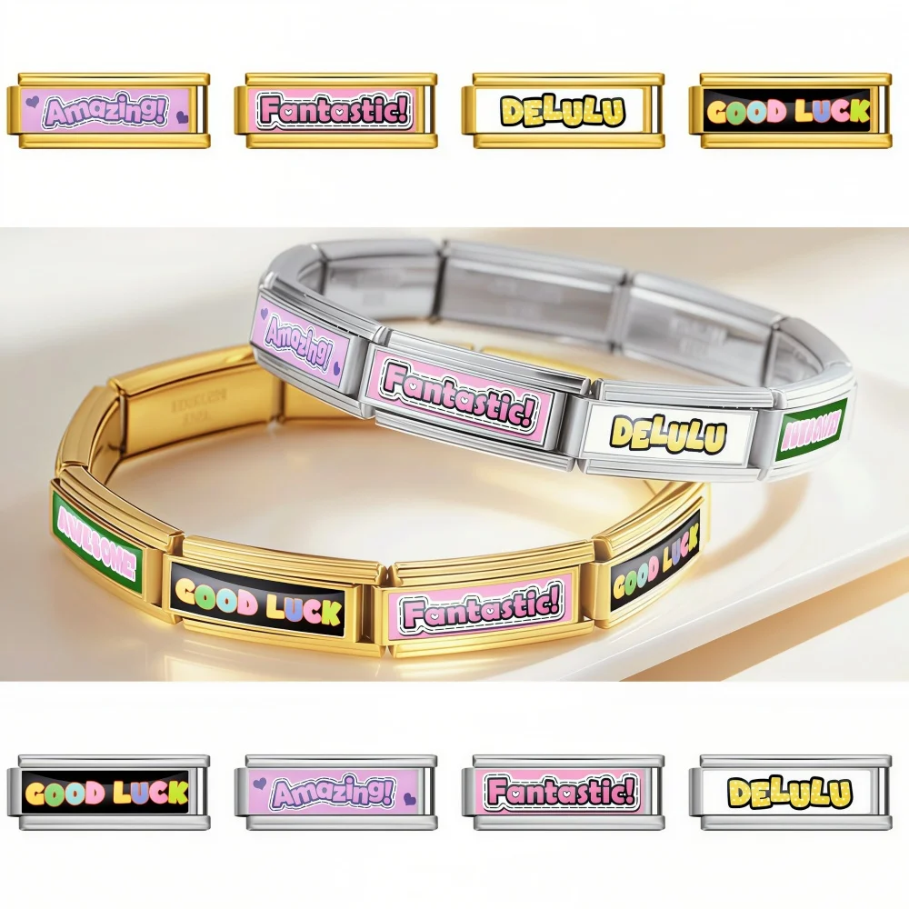 Colorful Fantastic Luck Amazing Delulu Awesome Long Style Italian Charm Bracelet Link fit 20mm*9mm Stainless Steel DIY Jewelry