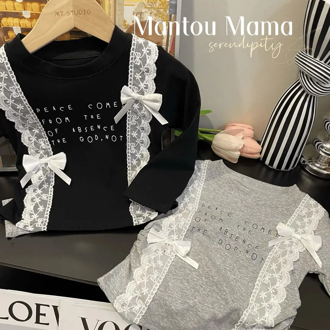 2026 Mädchen Herbst Neues Langarm-T-Shirt mit Schleife und Spitze im koreanischen Stil, Kinder Frühlings-Unterhemd 90-140 – Detail 3