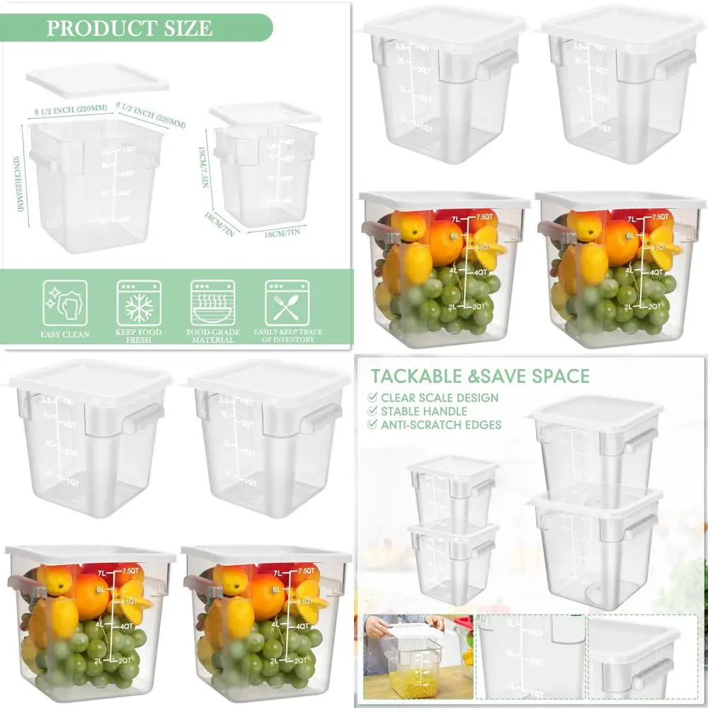 

Набор из 4 прозрачных контейнеров для хранения продуктов коммерческого класса с крышками, ручками и весами, 8 ячеек и 4 кварты, поликарбонат, герметичный для
