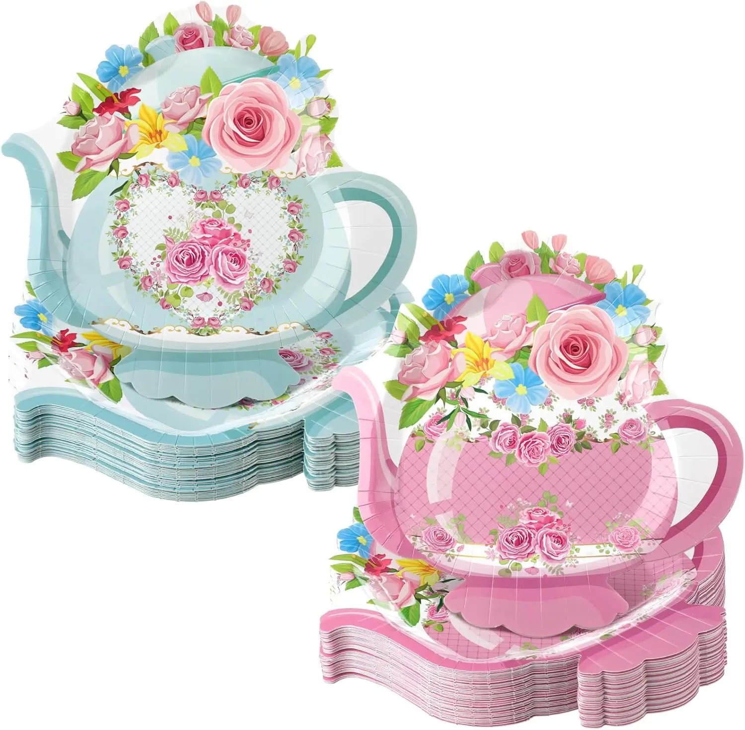 50 Pcs Tea Party Teapot Paper Plates Spring Floral Teapot Disposable Plates Tea Birthday Party Supplies for Dinner Food Snack Ap