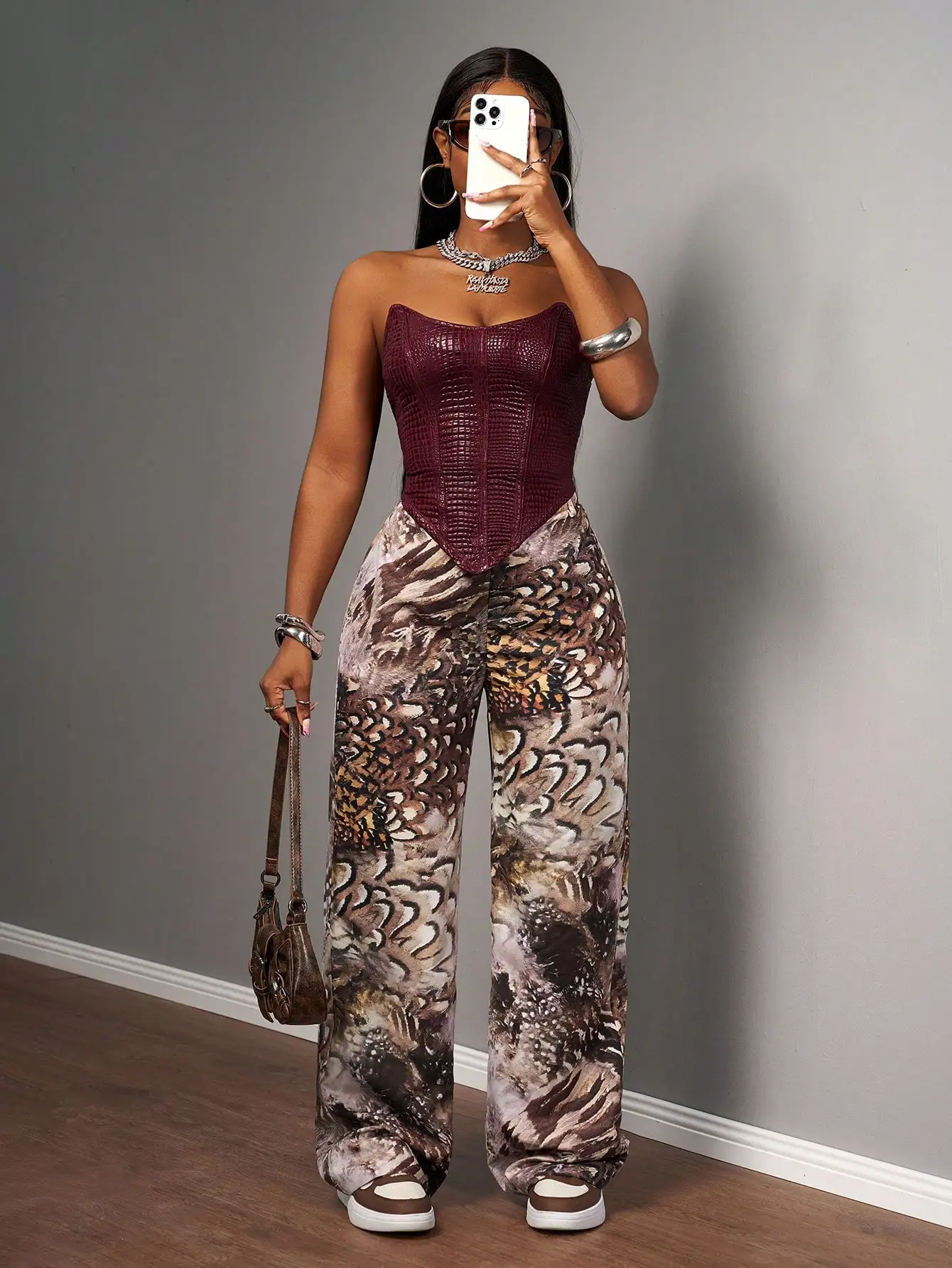 Wijnrode PU corsettop & wijde broek met print, dames 2-delige set voor feest, rave, Halloween