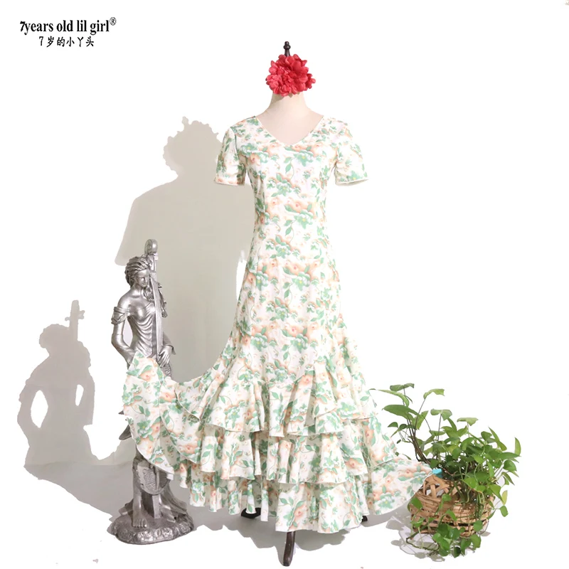 7yearsoldlilgirl 2025 New Spanish Flamenco Dance Cotton Dress  Evening Dresses V Neck Wear Women ENE20