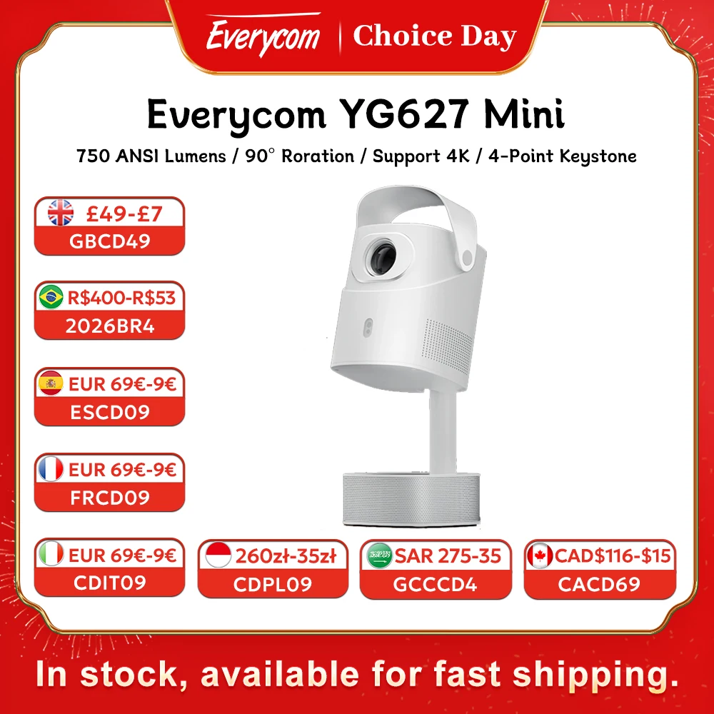 

Everycom YG627 Mini Smart Projector 750 ANSI Lumen LED WIFI Beamer Support 4K 1080P Portable Bluetooth Speaker Beam With Stand