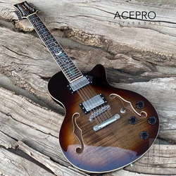 In Stock 12 String Electric Guitar Semi Hollow Body F-Holes Abalone Flower Inlays, Cobra Color Flamed Maple Top Guitarra