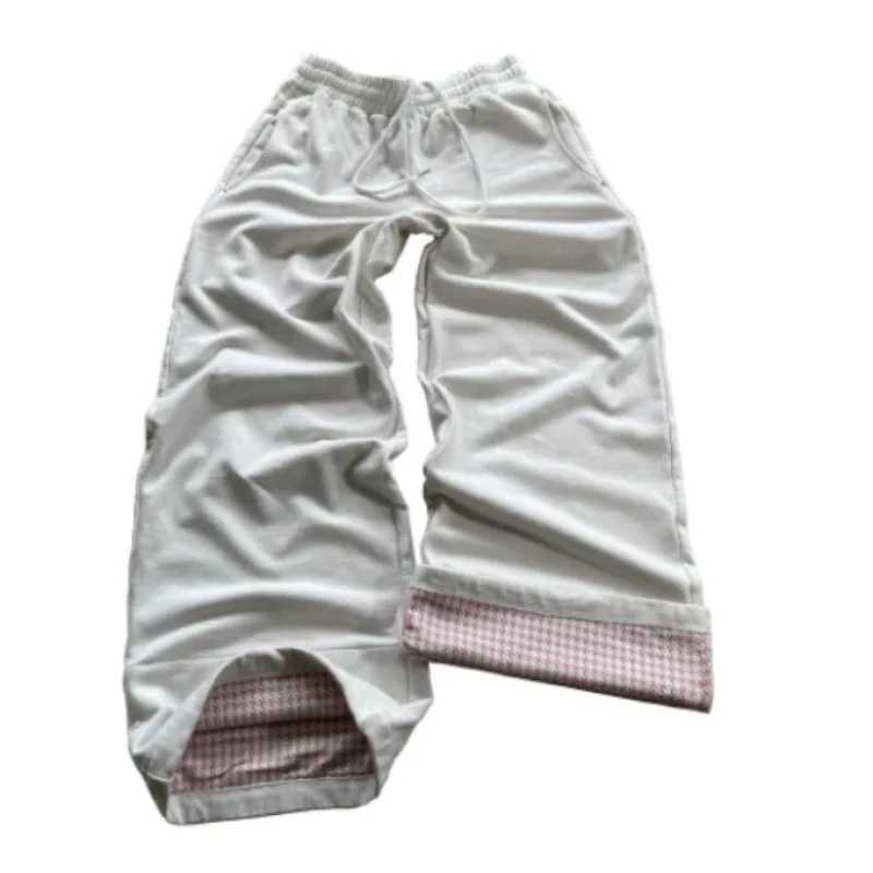 بنطال Y2K نسائي أبيض واسع الساق، بنطال فضفاض بأساور مربعة وردية اللون، بنطال رياضي برباط عالي الخصر