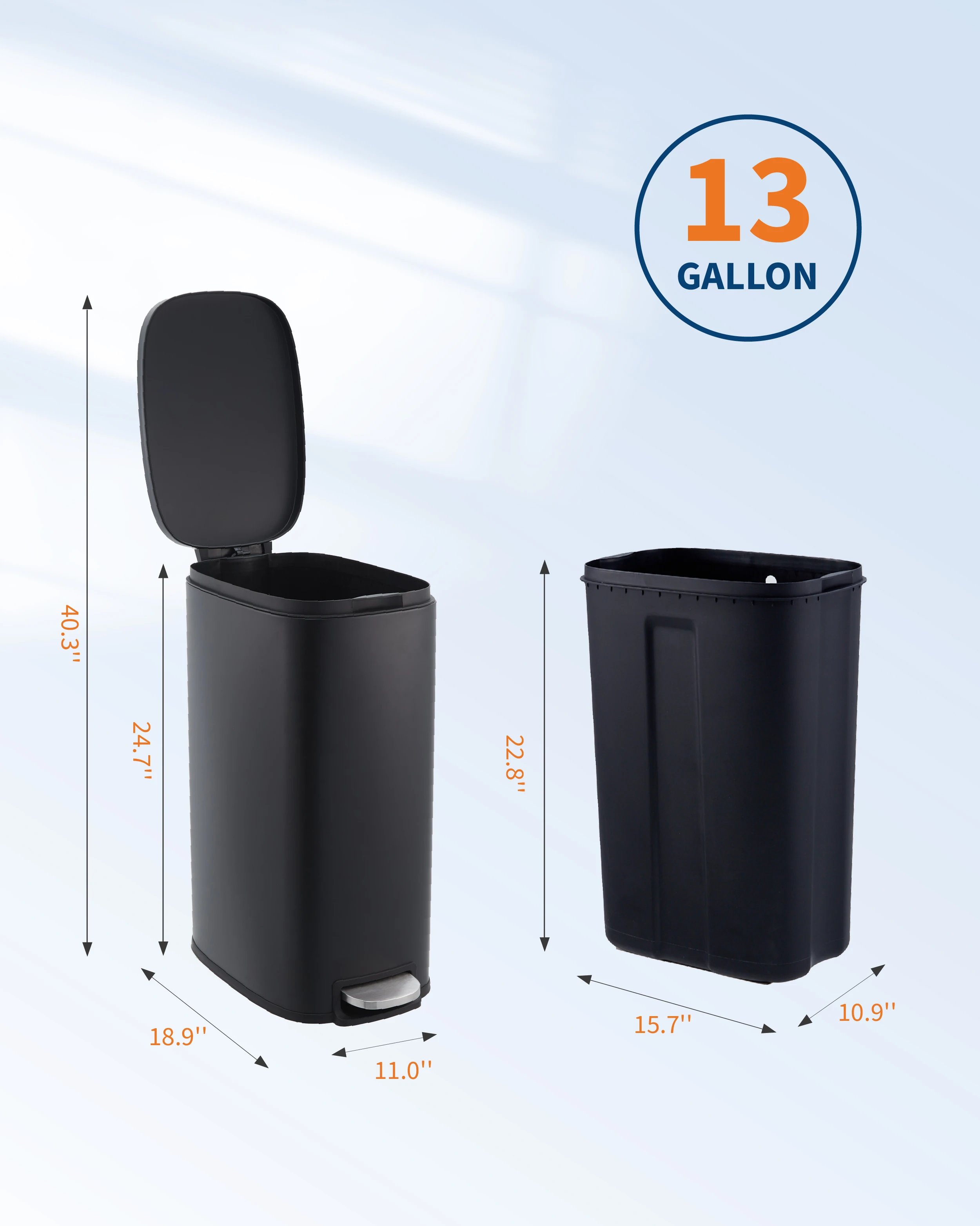 13 Gallon/50L Narrow Stainless Steel Trash Can, Slim Kitchen Garbage Bin with Soft Close Lid, Removable Inner Bucket for Bathroom, Office, Living Room