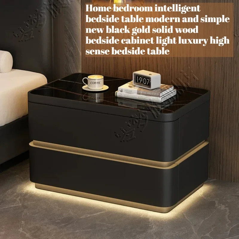 Black Luxury Bedside Table Bedroom Drawer Modern Smart Nightstand Solid Wood Small Mesas De Noches Dormitorio Choice Furniture